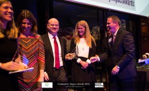 Accepting the award! Kris Richey Curtis, Kinzer Partners; Sherry Larson and Brian Pfau, Amazon; Marty Hartman, Mary's Place